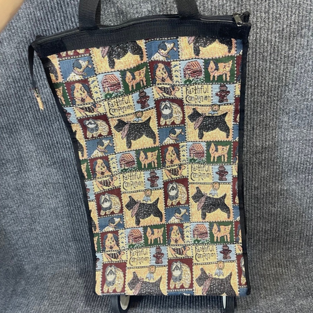 Vintage Scottie Tapestry Rolling Tote Bag Wheeled Teacher Cart Dog Folk Art